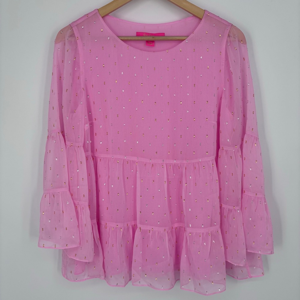 Lilly Pulitzer Zazie Flounce Top Womens S Pink Metallic Clip Dot Tiered Blouse